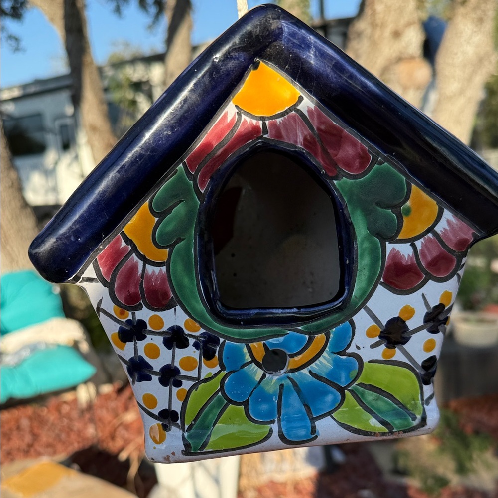 Handpainted Ceramic Birdhouse with Blue & Green Floral Design